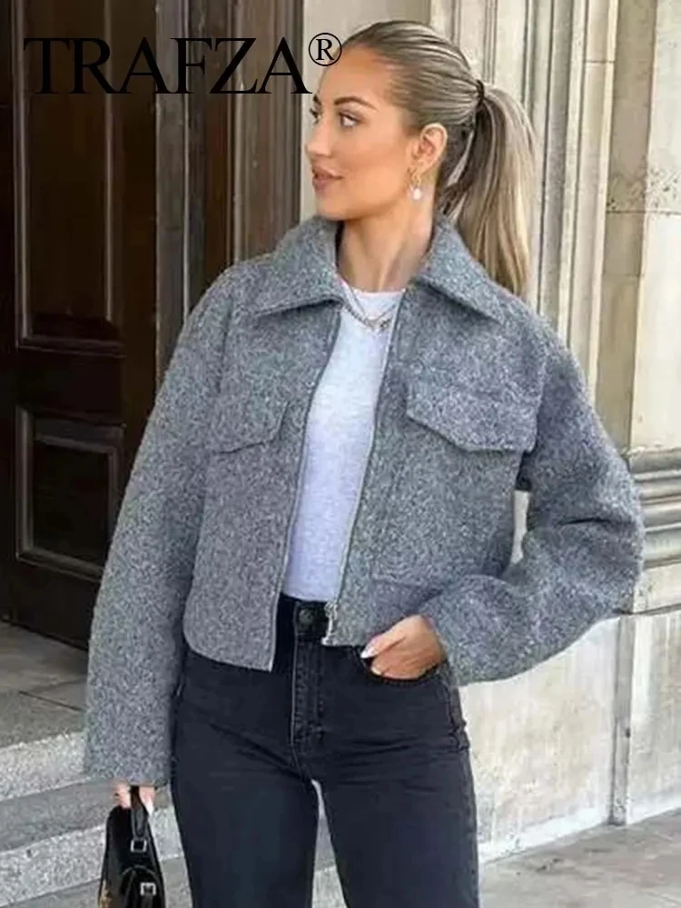 TRAFZA Cappotto Per Le Donne 2024 Solido Manica Lunga Risvolto Cerniera Cardigan Giacca Tasca Femminile Selvaggio Casual Strada Donna Cappotto