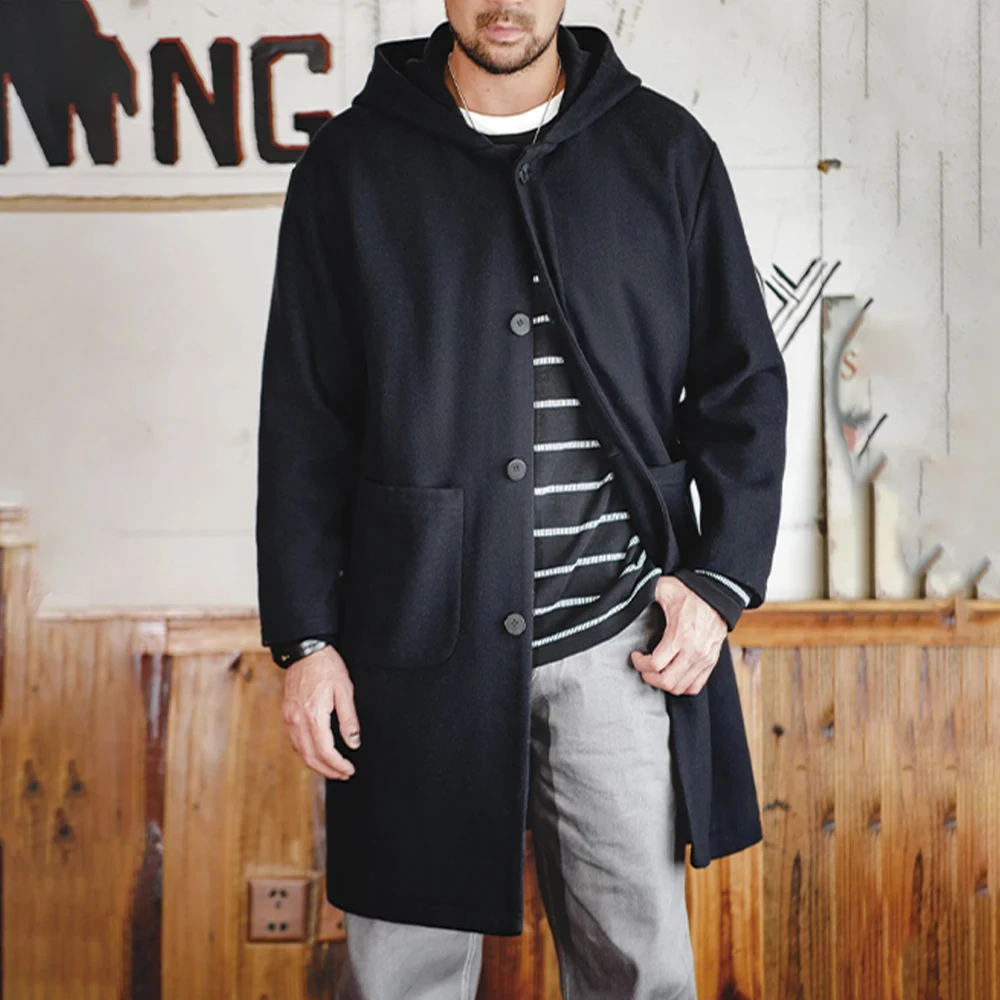 Maden Vintage Navy Blue Wool Hooded Coat Mid-Length Fleeced Jacket with Single-Breasted Warm College Style Men's Casual Overcoat