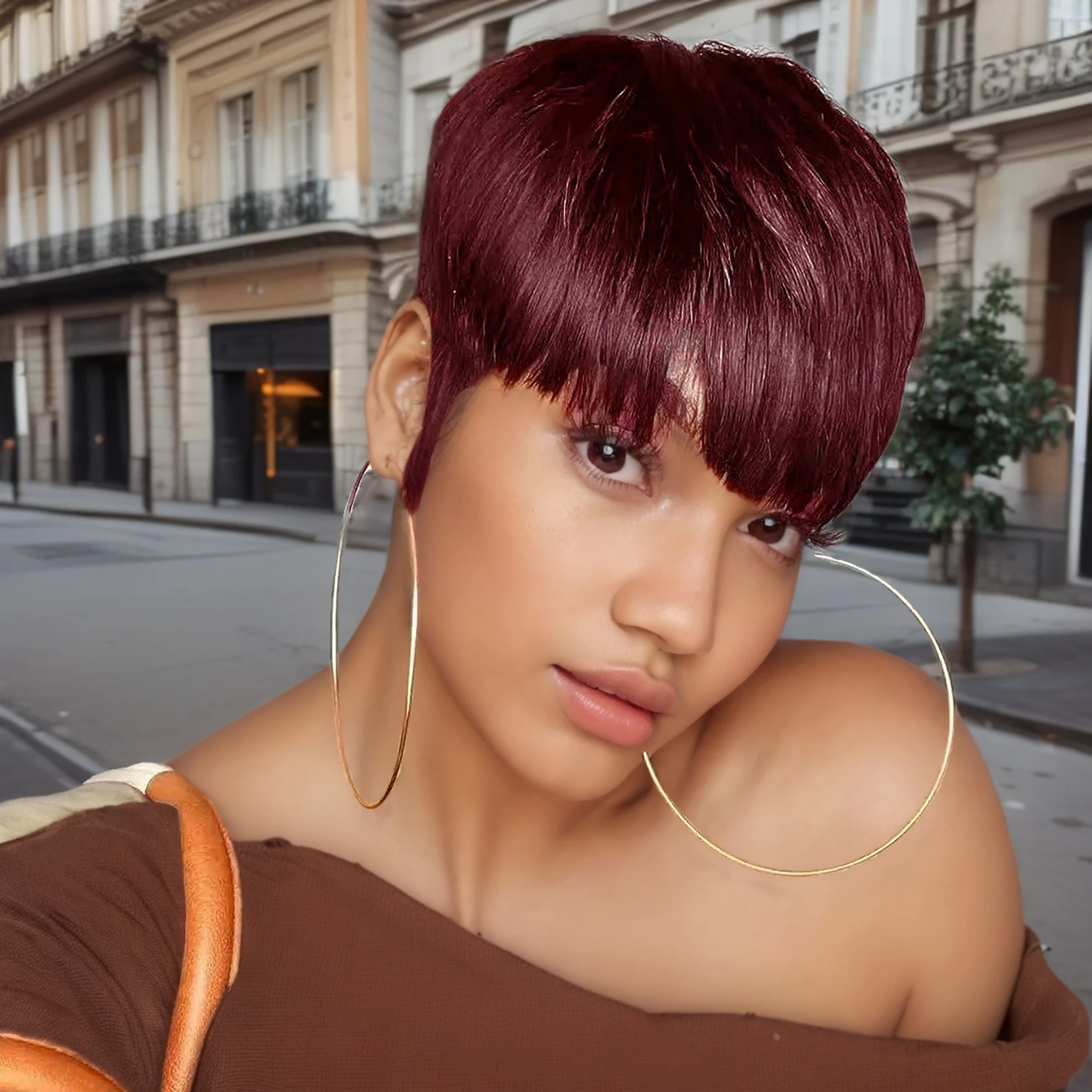 باروكات بيكسي أنيقة قصيرة الطبقات مع غرة مصنوعة آليًا بالكامل من شعر بشري برازيلي مفرود