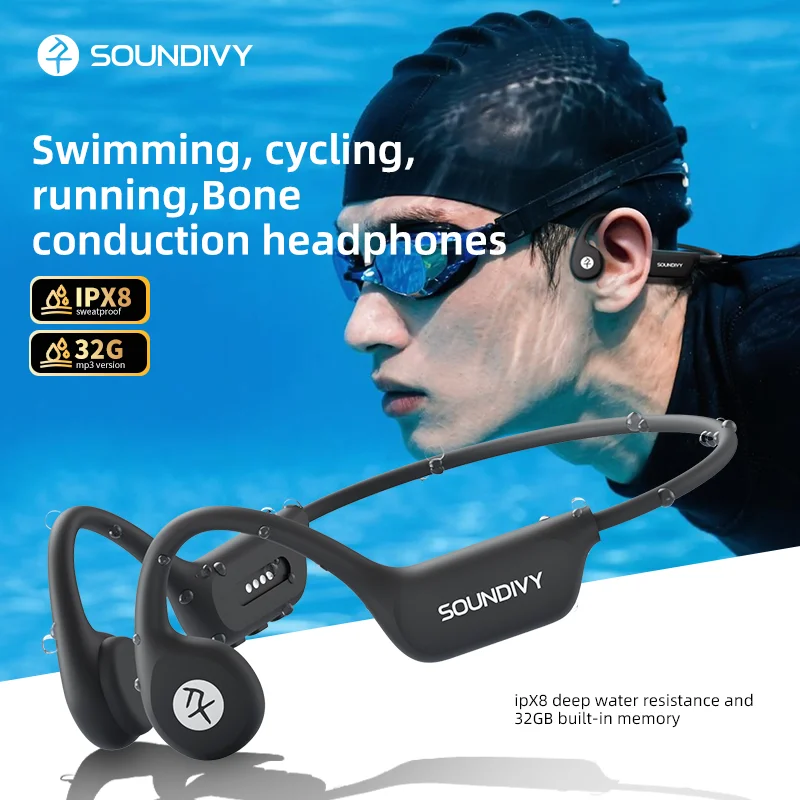 Image of SOUNDIVY Knochenleitungs-Headset IPX8 32GB Bluetooth 5.4 Kabelloses Headset mit Mikrofon Wasserdicht zum Schwimmen 2026 Neu