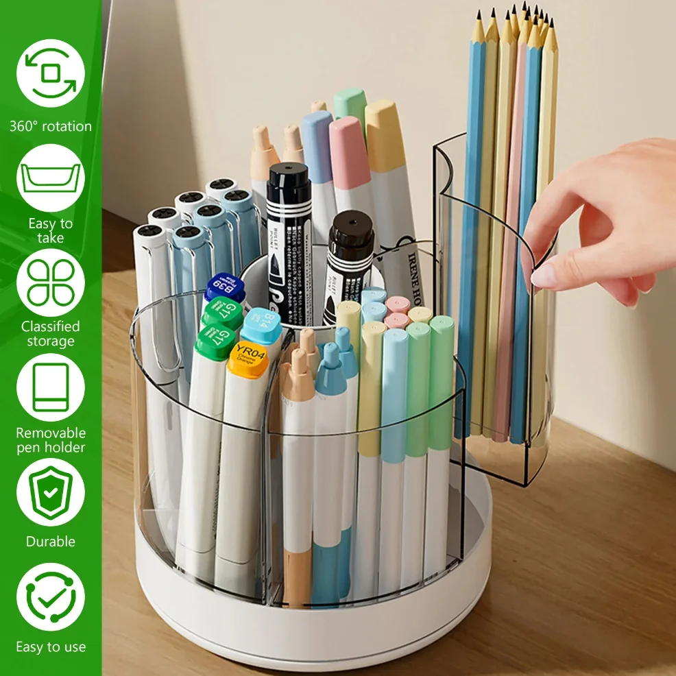 

360° Rotating Pencil Organizer Large Capacity Round Desktop Storage Holder with 6 Compartments Cosmetic Brush Organizer