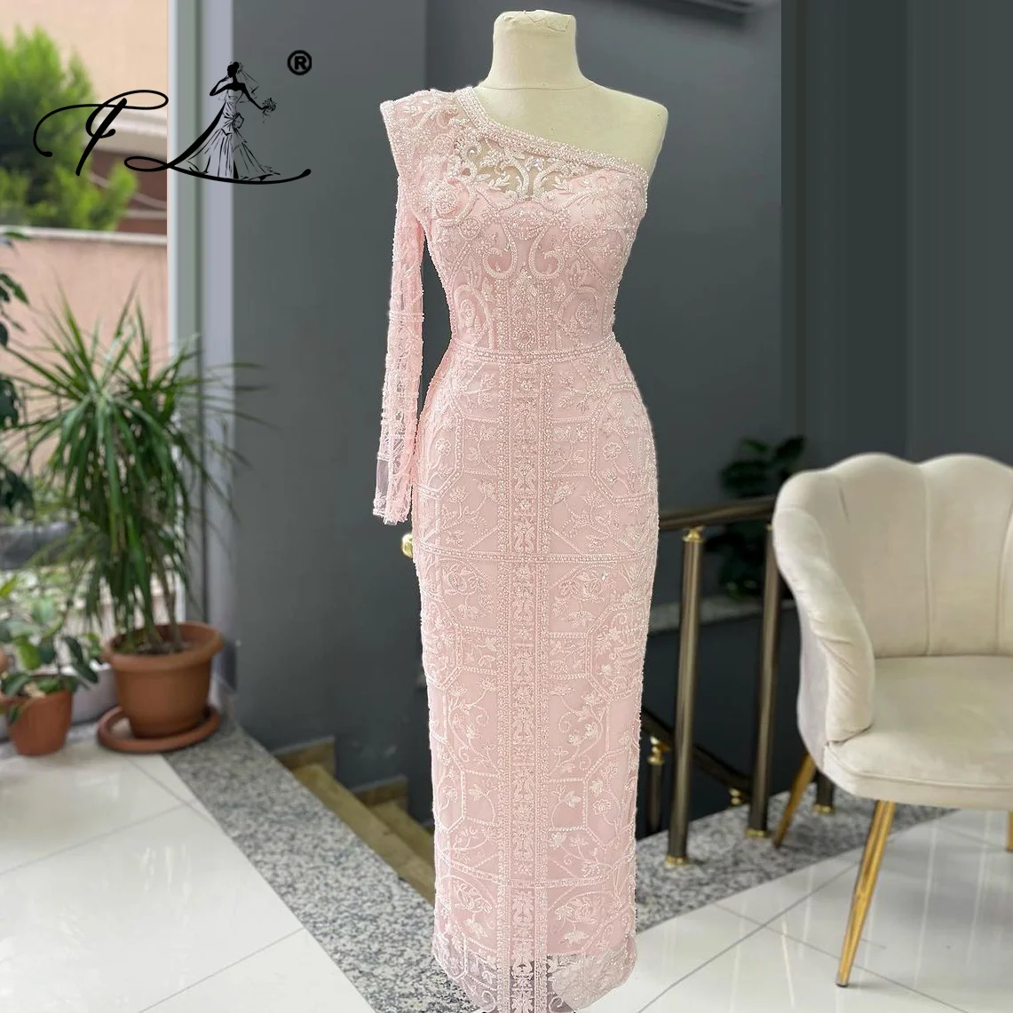 Personalizado árabe rosa bainha um ombro frisado vestido de noite de luxo vestido feminino festa de casamento فسات intellimavera