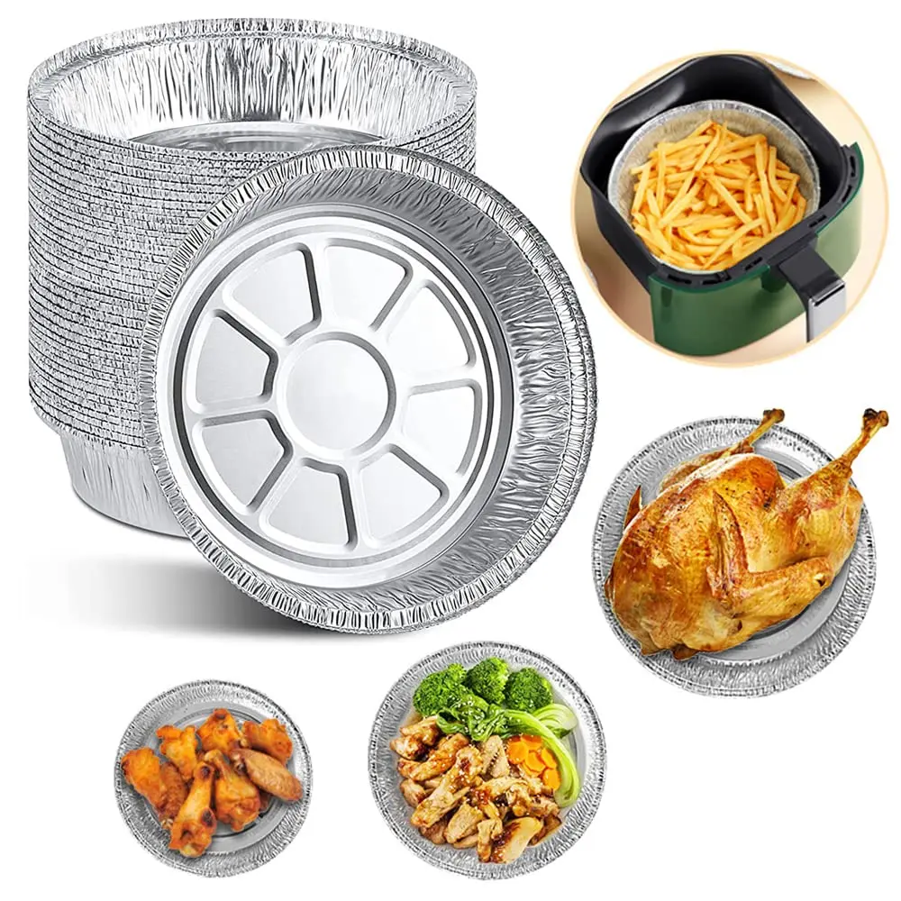 Runde Einweg-Folienschalen aus Silberfolie, Flan-Schale für Luftfritteusen, Backen, Kochen, Lagerung, Braten, Lebensmittelbehälter, Küchenbedarf