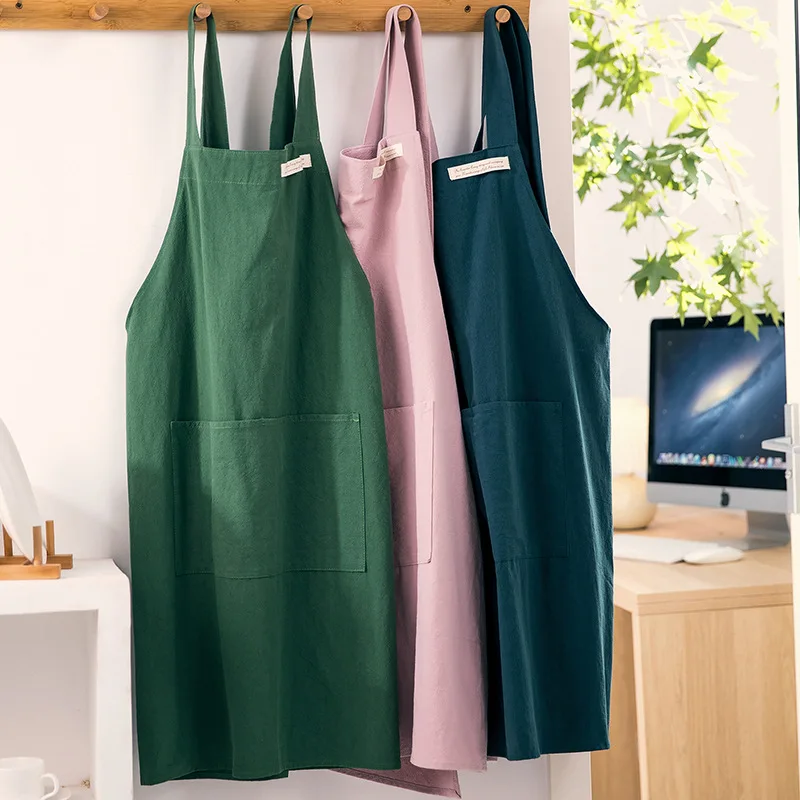 Female Cotton Hemp Apron, Wide Shoulder Straps, Solid Color, Anti-Fouling, Wash, Household, Kitchen