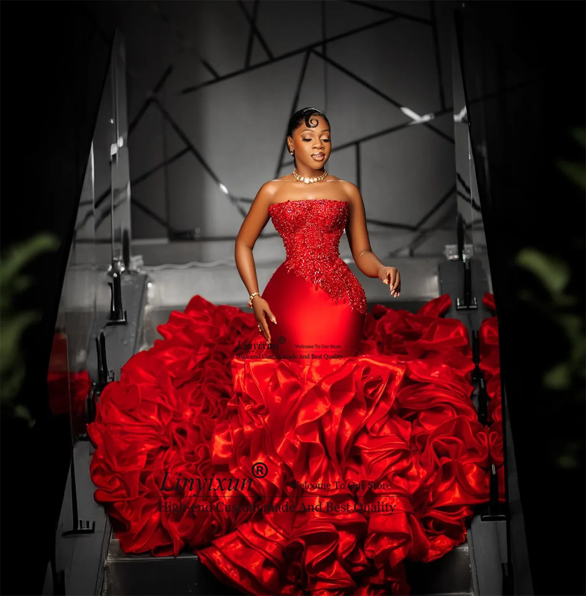 Aso Ebi Sequins Beaded Mermaid Prom Dress Formal African Ruffles Robe De Soiree Customized Sleeveless Long Evening Party Gown