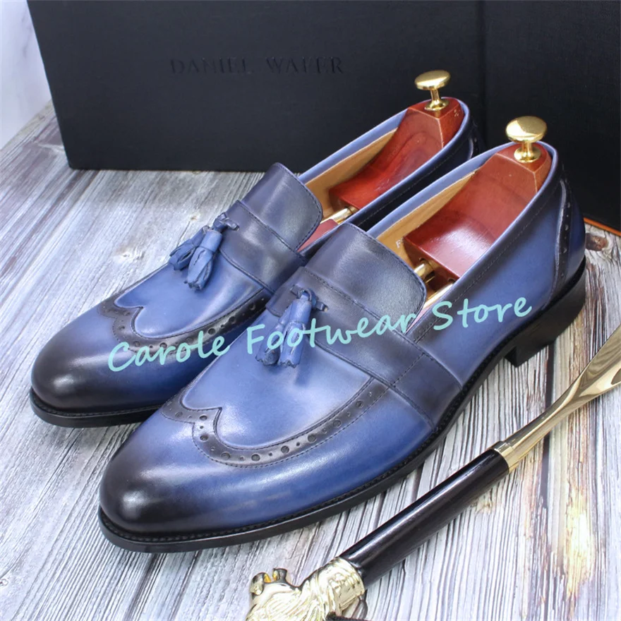 

Retro Carving Tassel Decor Male Shallow Loafers Wedding Business Formals Elegant Dress Shoes Men's Genuine leather Casual Shoes