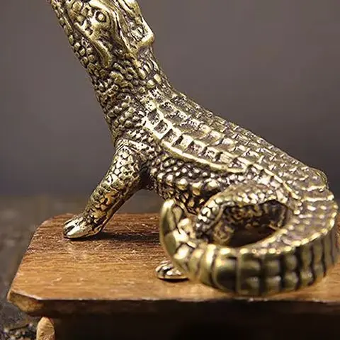 Mini Bronze Crocodile Figurine, Retro Brass Alligator Statue, Desk Decor, Home Office Feng Shui Craft