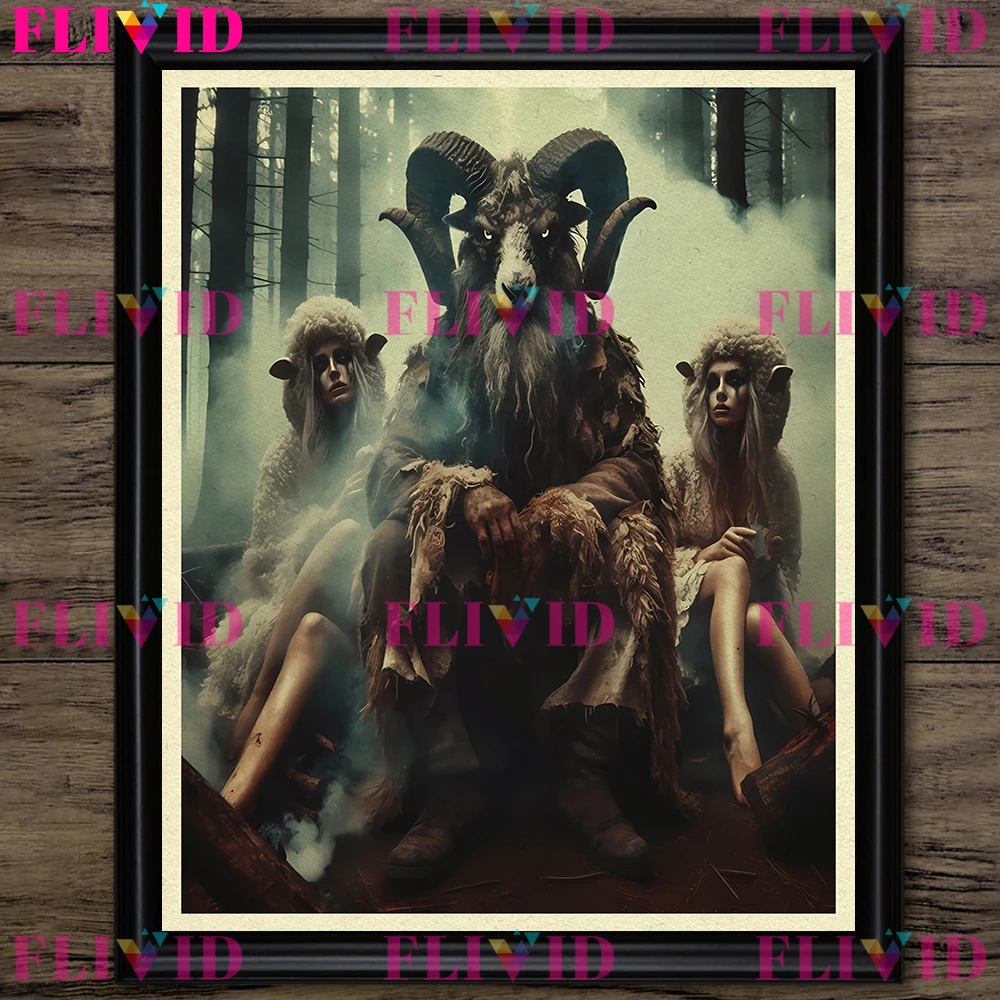 Goat-headed Demon And Witch Followers Abstract Wall Art Canvas Painting,Dark Witchcraft Fantasy Art Poster Print Home Decoration