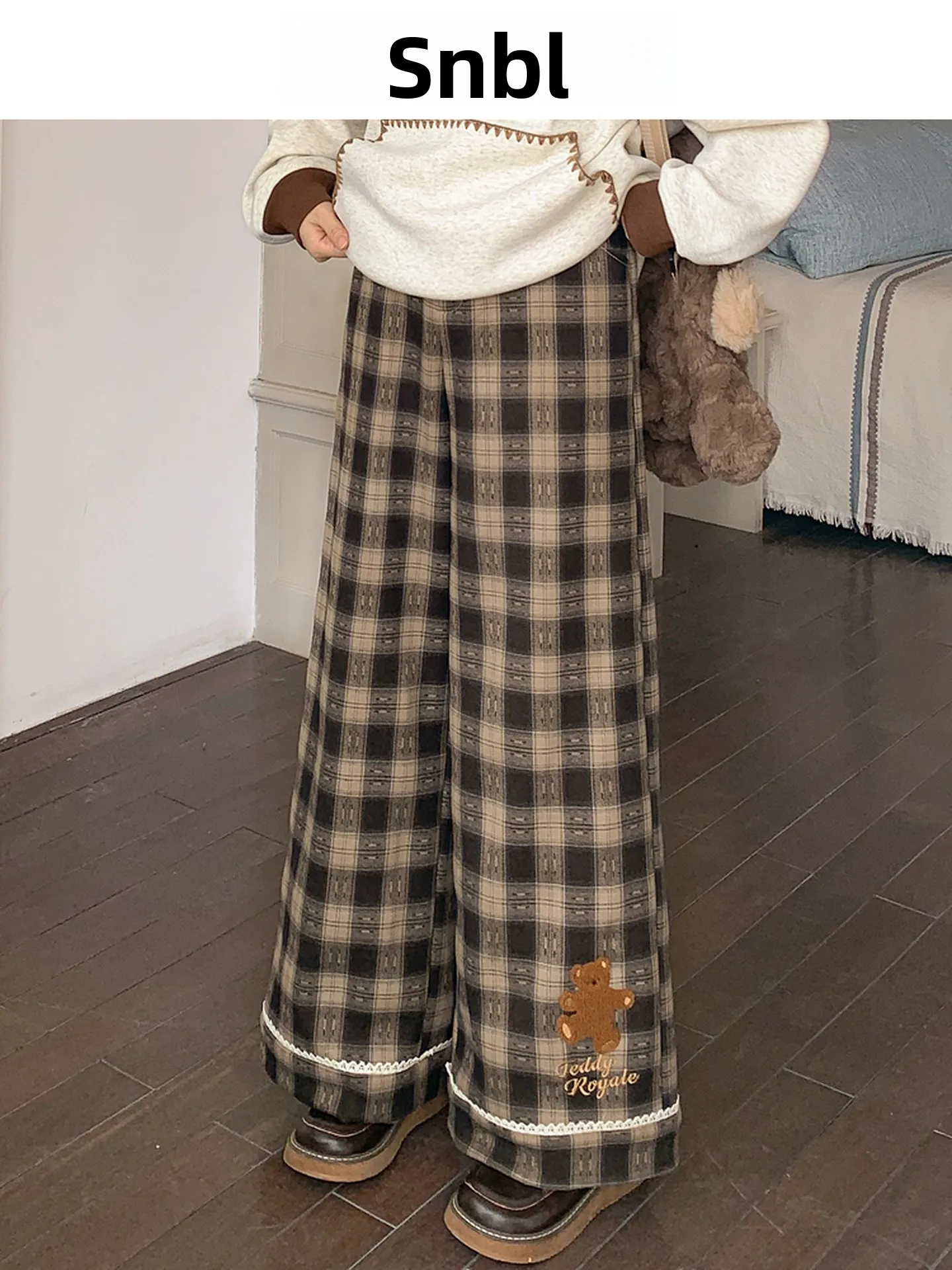

High Waist Plaid Fleece Lined Wide Leg Pants Women's New Bear Embroidery Design Casual Trousers Winter Sweet Style College Trend
