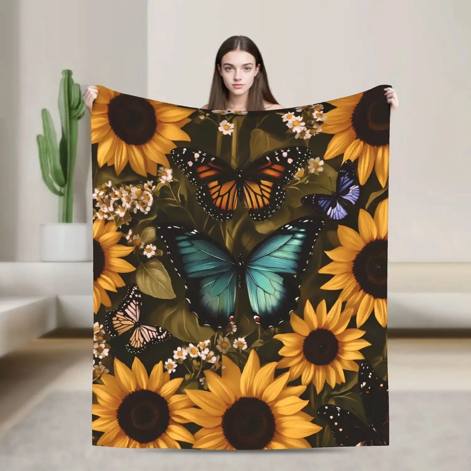 

Фланелевое одеяло с узором подсолнухов - двусторонний легкий декоративный плед для дома