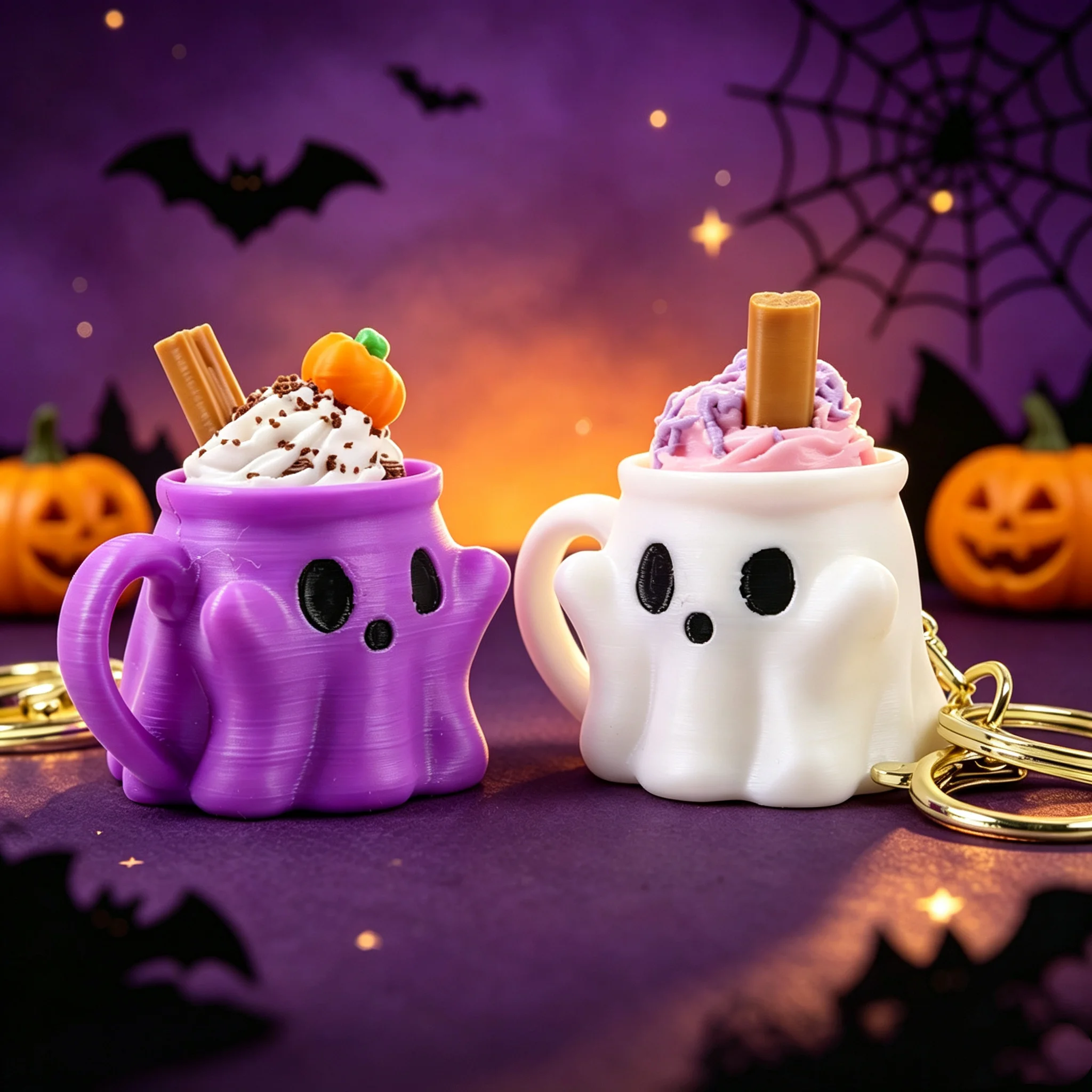Cute 3D Printed Ghost Ice Cream Keychain, Clicker Button Stress Relief Pendant, Halloween Decorative Keycap Ornament Gift