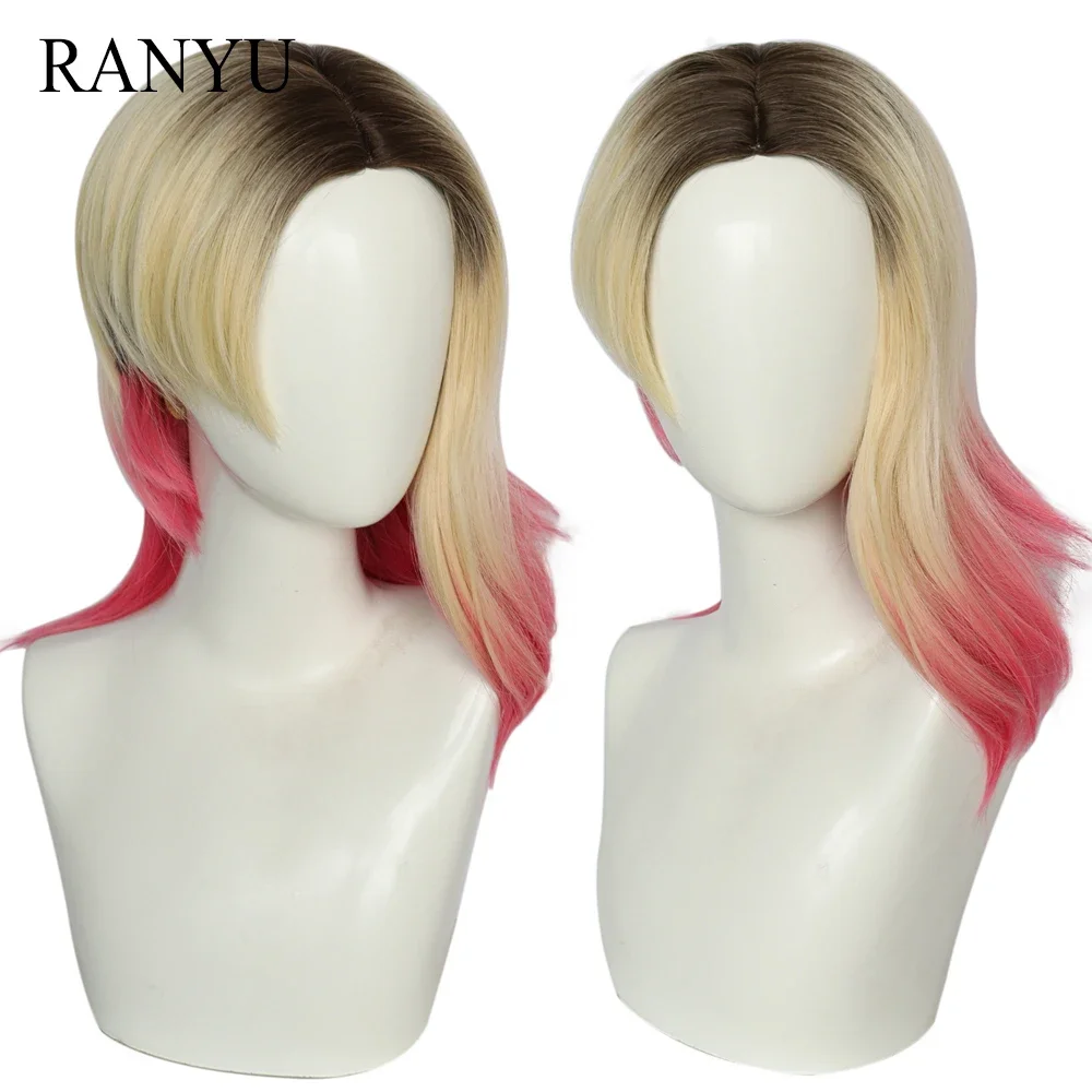 

RANYU Synthetic Anime Cosplay Ombre Blonde Pink Gradient Short Straight Wig with Bangs Natural Hair Wig For Party