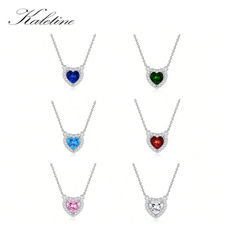 KALETINE 925 Sterling Silver Heart Love Shaped Green Pink Blue Zircon Pendant Necklace Women Christmas Party Gift