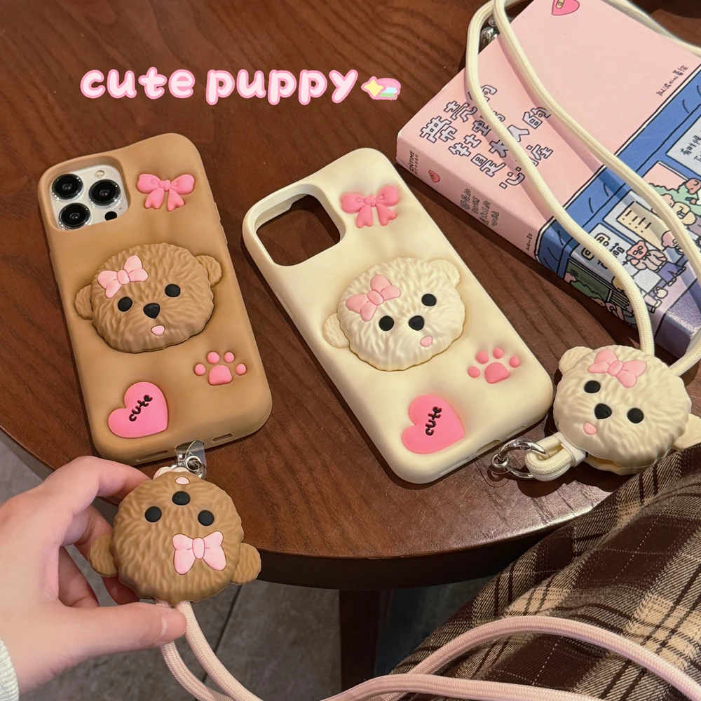 

Soft Silicone Phone Back Cover, Skin Shell, 3D Cute Cartoon Case, Puppy Dog, iPhone 11, 12, 13, 14, 15Pro Max, Telescopic Holder