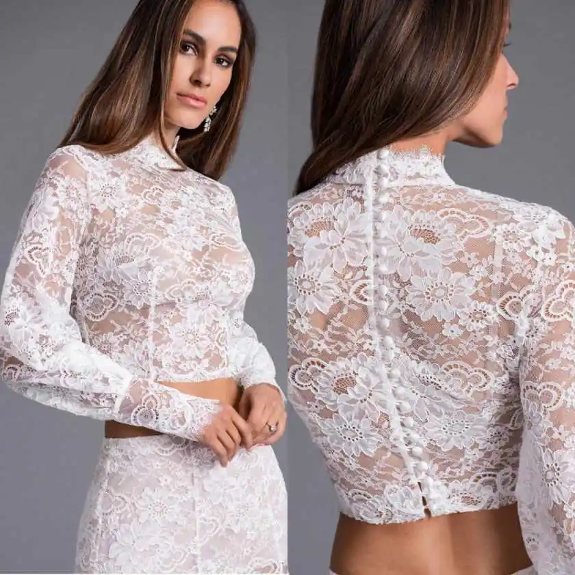 Elegant Lace Bridal Crop Jacket Sheer Long Sleeve Pearl Button Formal Cover Up for Bridal Events & Wedding Customized