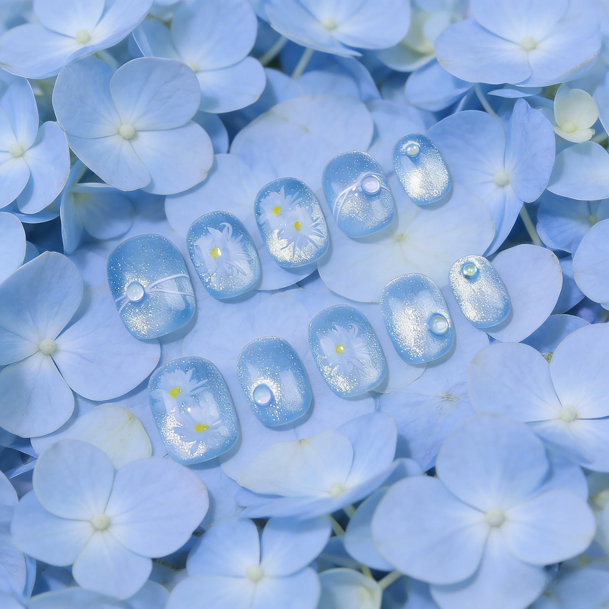 

10pcs Blue Cat Eye Handmade Nails Heart Gradient Bubble Pearl Press on Nail Short Square Round Fake Nail for Women&Girl