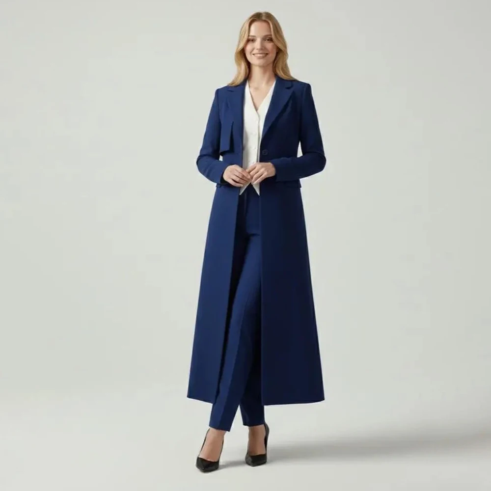 Elegant Women Blue Suits Long Blazer Notch Lapel Office Lady 3 Pce Jacket Pants Vest Sets Customized Solid Color Female Clothing