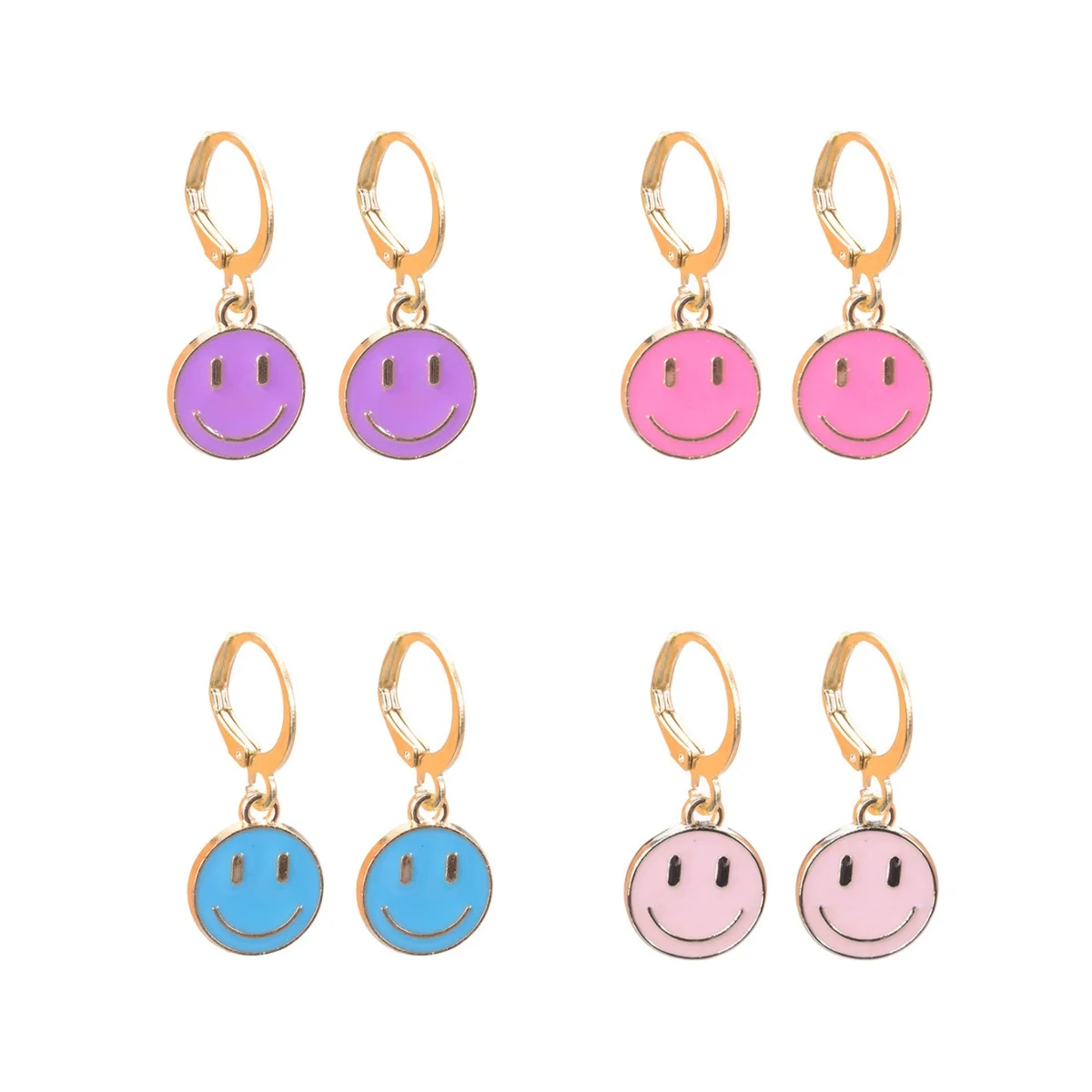 New Pink Purple Round Smiling Face Enamel Pendant Earrings for Women Sweet Glaze Drop Jewelry Wholesale Birthday Brincos