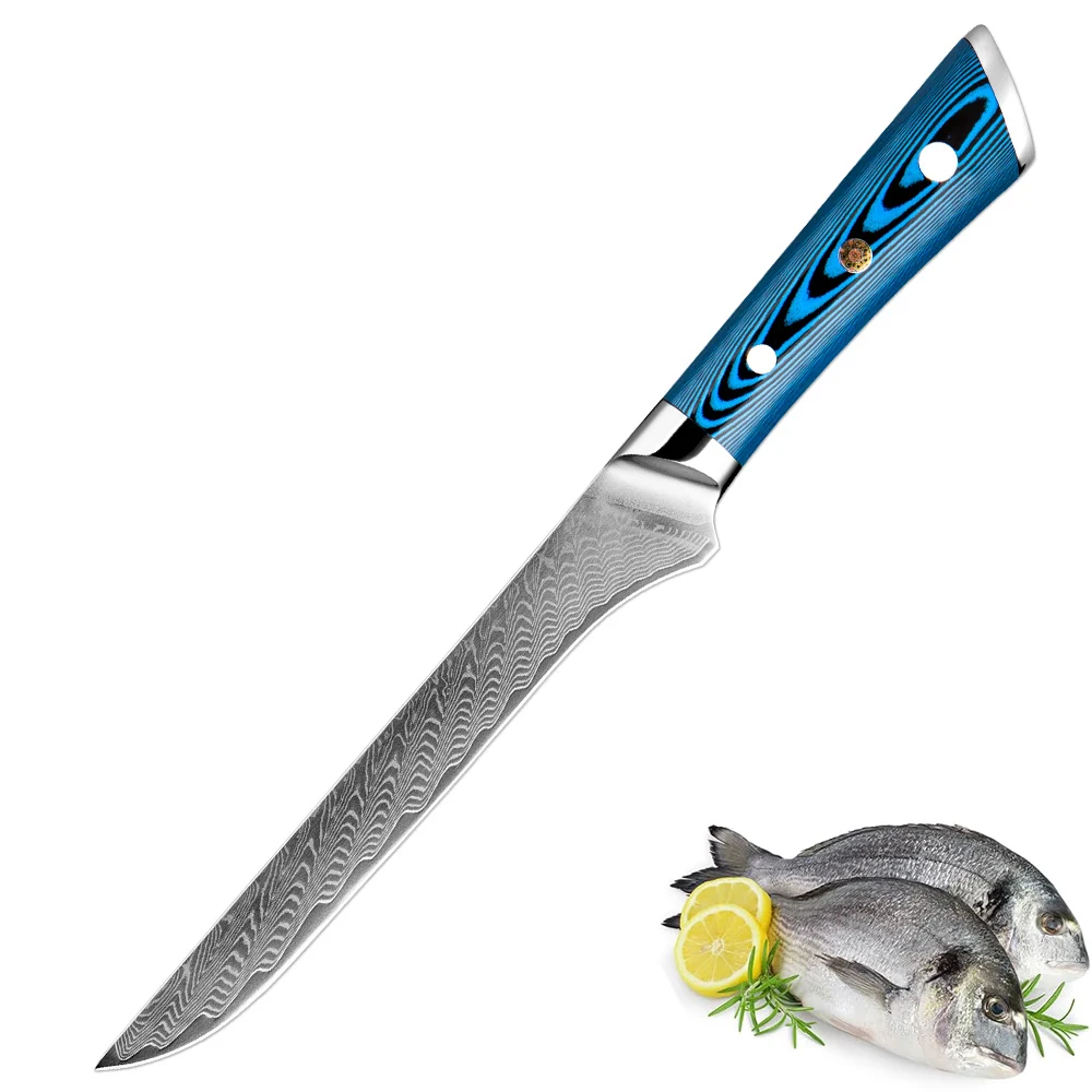 Professionelles Ausbeinmesser, 5,5 Zoll, japanisches Filetmesser aus Damaststahl für Fleisch, Fisch, Deboning, volle Tang-Klinge, Belle-Holzgriff