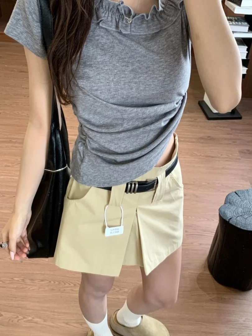 Khaki Workwear A-Line  Skirt Women's Summer Slimming Versatile Spicy Design Commute Cotton Anti-Static Pure Color