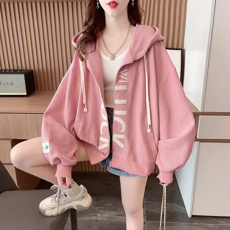 

Waffle Hoodie Women's 2024 Spring and Autumn New Korean Edition Loose and Versatile Early Autumn Thin Small Cardigan Coat Trend