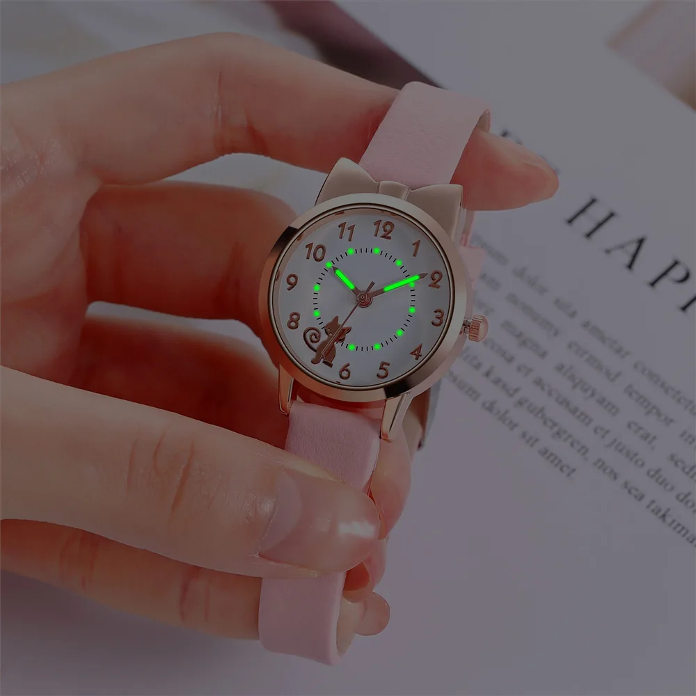 Luxury Watch for Women Cute Cartoon Cat Luminous Quartz Watches for Girls Casual Fashion Ladies Wrist Watches Waterproof Clocks