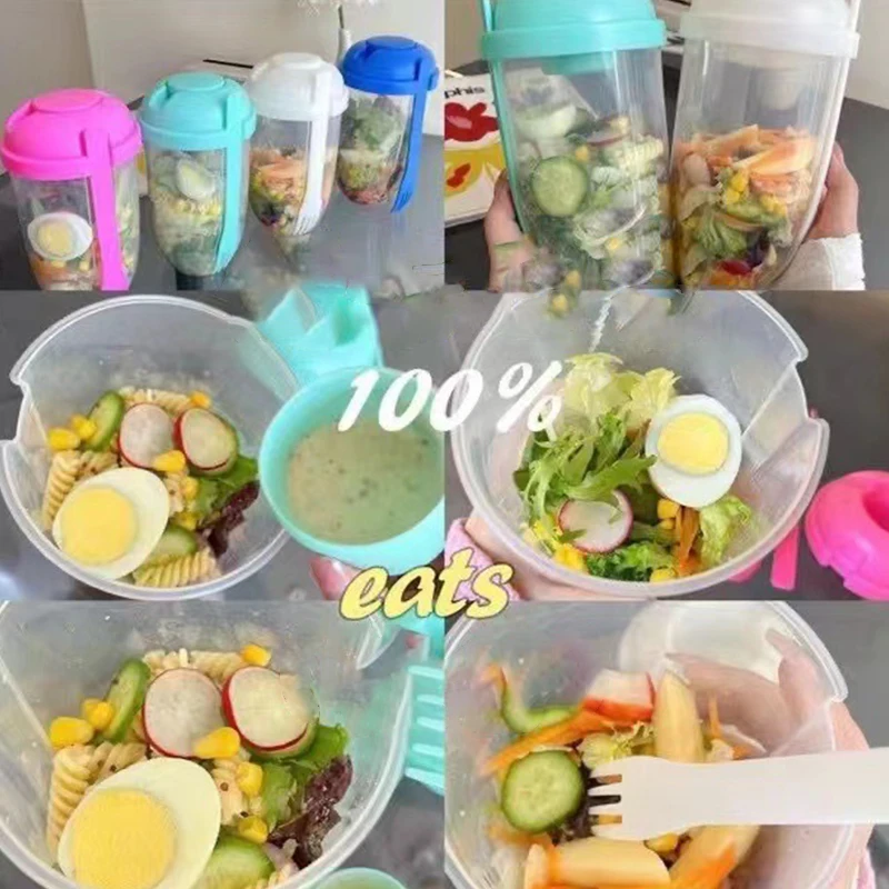 Portable Salad Cup With Fork Fresh Salad Container Bottle Vegetable Fruit Breakfast Lunch Carry To Go For Work Travel Picnic