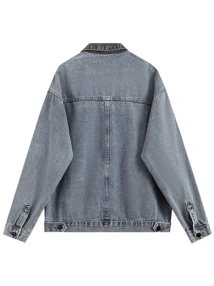 American Retro Color Blocked Denim Jacket Collar Mens Patchwork Trend Lapel Couple Coats 2024 Cowboy Cardigan Work Jacket