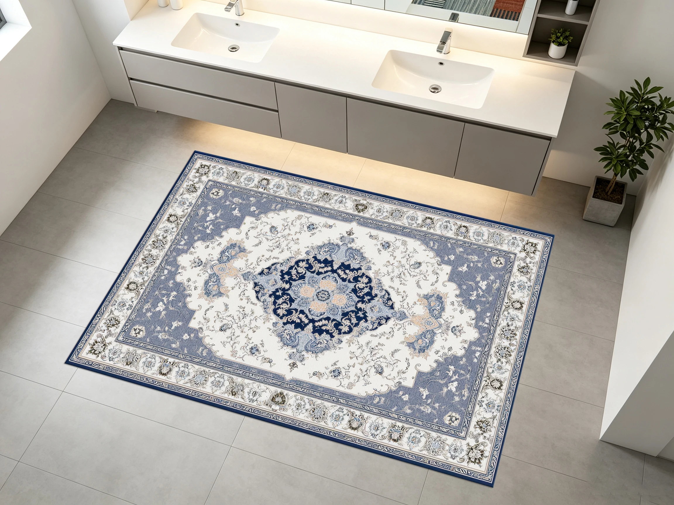 Light Blue‑White Vintage Medallion Rug, Multi‑Layer Border Design, Autumn‑Winter Mat for Living Room Bathroom