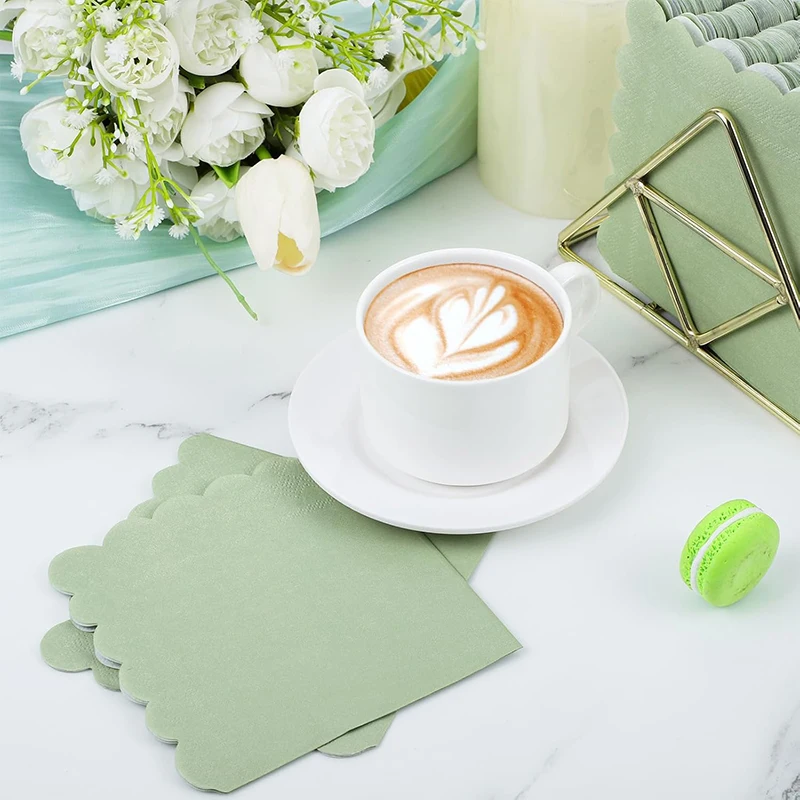 50Pcs Sage Green Cocktail Napkins 5 X 5 Inches Disposable Scalloped Edged Wedding Napkin for Dessert Party Dinner Birthday Decor