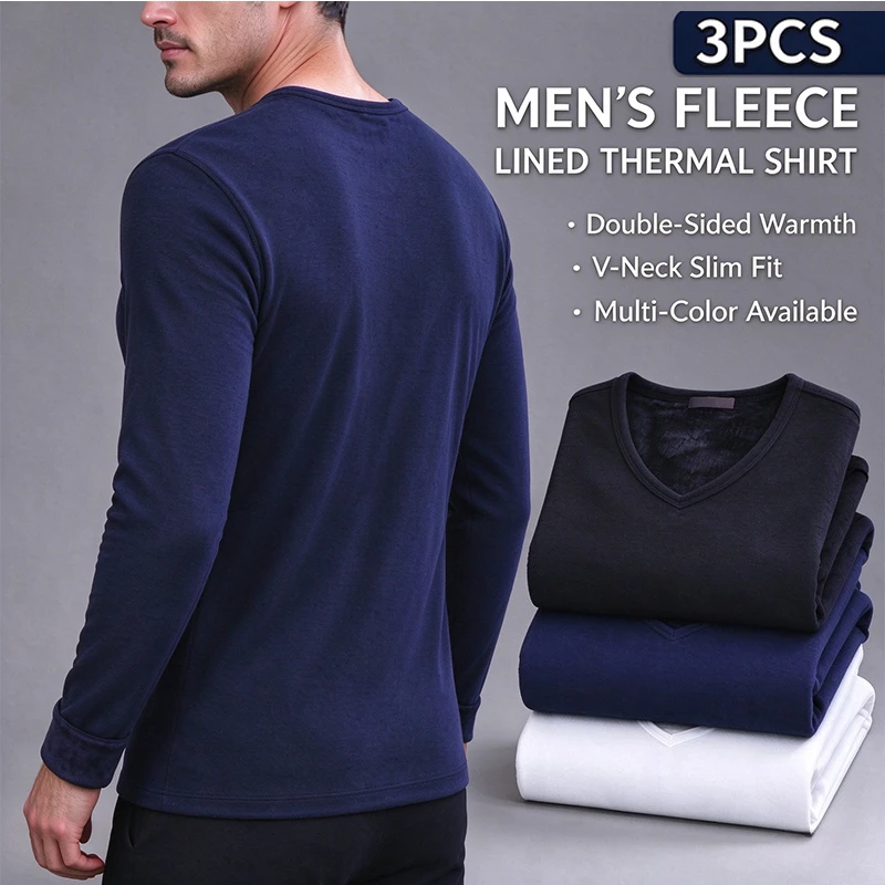3pcs Men's Long-sleeved V-Neck Thermal T-Shirt Fashion Fleece Lined Slim Fit Tops Autumn/Winter Thickened Soft Warm Underwear