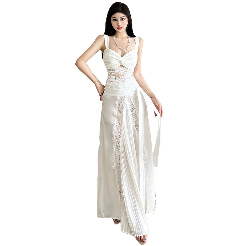 2025 Summer Cross-border New Trend Lace Sleeveless Top High Waist Slim Temperament Hip-wrapped Dress Set