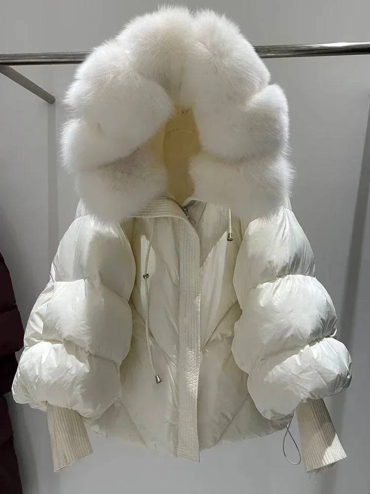NONE Weiße Ente Daunenmantel Frauen Echtpelz Jacke Mit Kapuze Puffer Jacke Verdicken Warme Gestrickte Ärmel Mittlere Lange Parka Neue Winter Große 8
