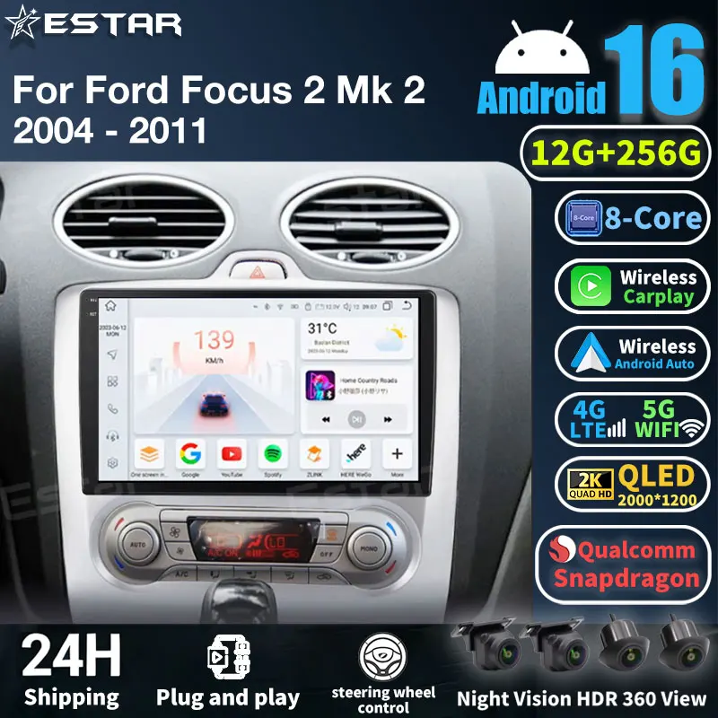 Wireless Carplay Auto Android 16 For Ford Focus 2 3 Mk2 Mk3 2004 2005 - 2011 Car Radio Multimedia Player GPS Navigation Headunit