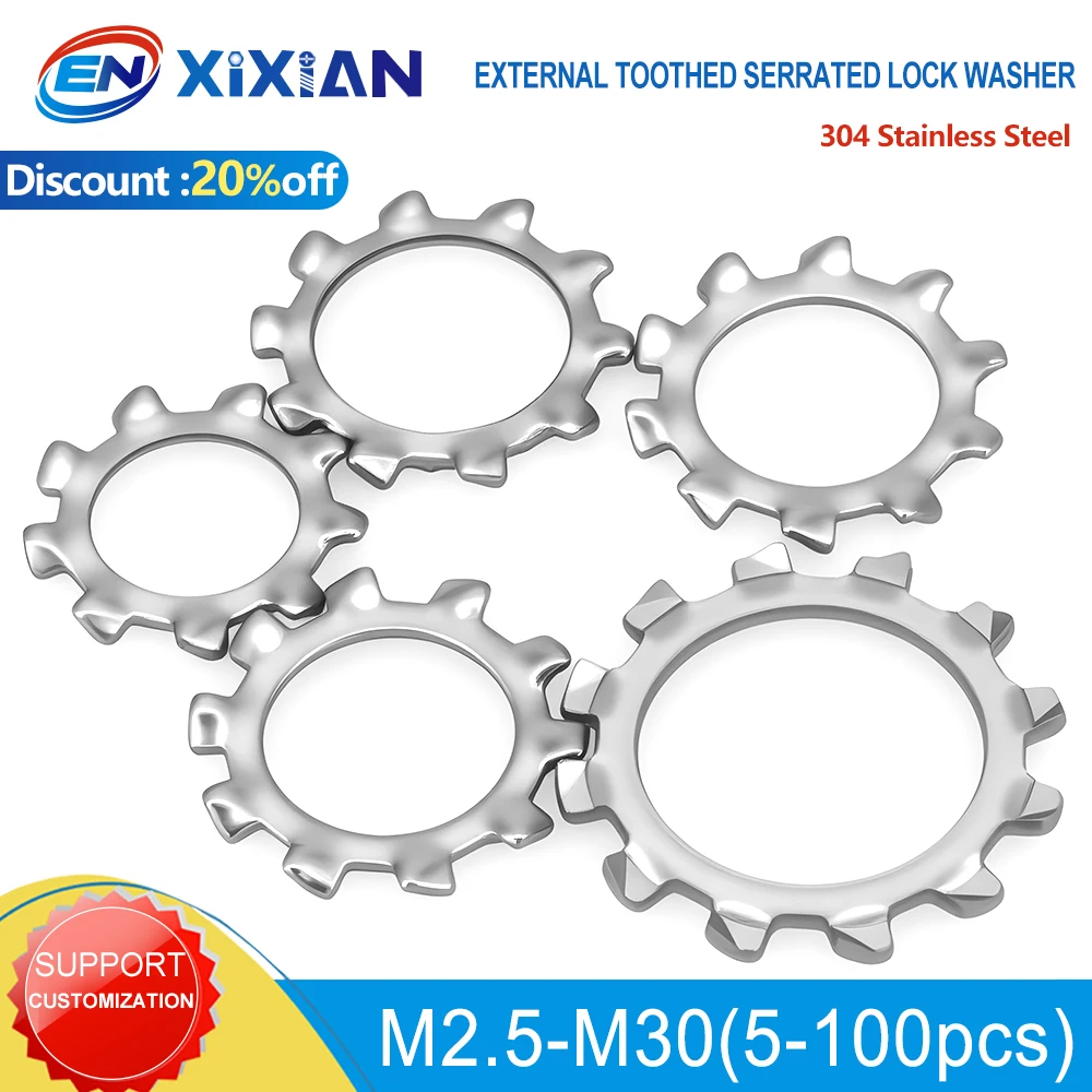 304 Mesin Cuci Kunci Bintang Gigi Eksternal Baja Tahan Karat M2.5 M3 M4 M5 M6 M8 M10 M12 M14 M16 M18 M20 M24 M27M30 Gasket Kunci 5-100 Buah