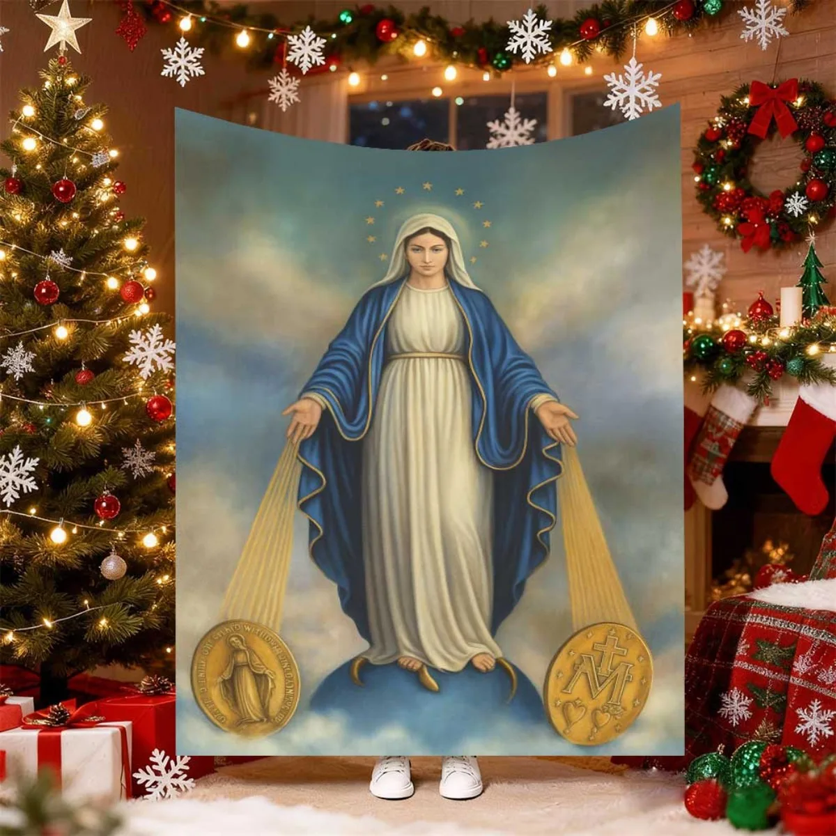 Miraculous Virgin Mary Religious Medal Cloud Background Art Print Soft Flannel Blanket Sacred Faith Throw for Sofa Bedroom Home