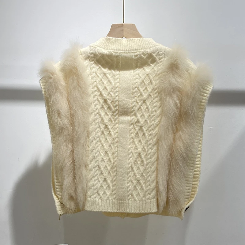 Women Autumn Girl's White Real Fox Fur Decoration Sleeveless Sweater Knitted Waistcoat Button Short Cape Vest