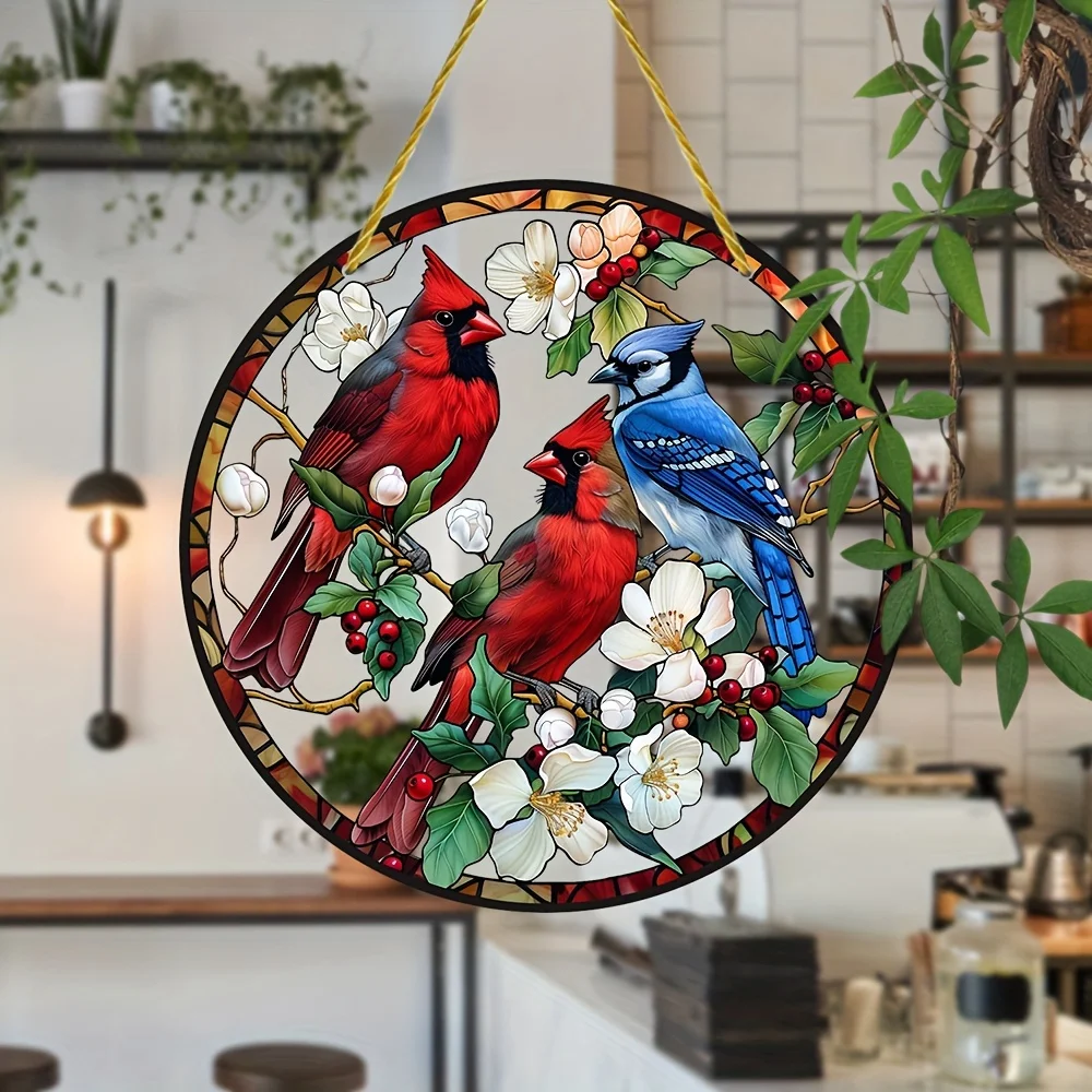 Garden Style Acrylic Hanging Sign-Cardinal and Blue Jay Suncatcher,Round,Wreath,Window,Home Decor Gift for Bar,Living Room,Wall