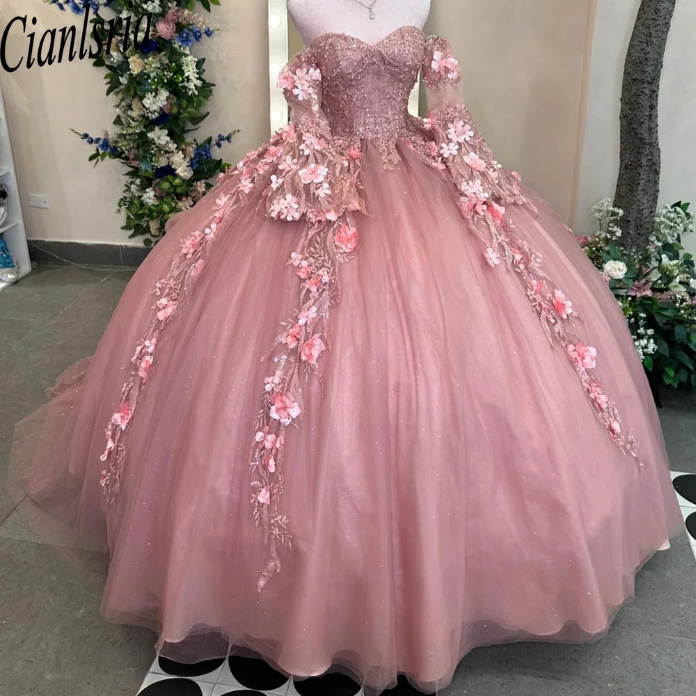 Vestido de baile sem ombro, vestidos de festa princesa, vestidos quinceanera rosa, apliques de luxo formais, 15 anos