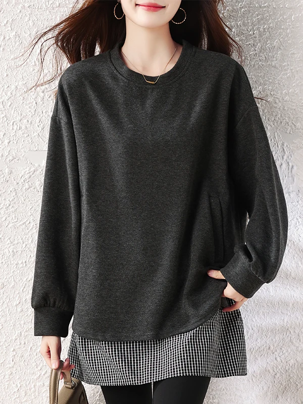 Thickened Plaid Patchwork Sweatshirt Fake Two-Piece Mid-Length Women's Autumn Winter High Grammage Clothing Skin-friendly