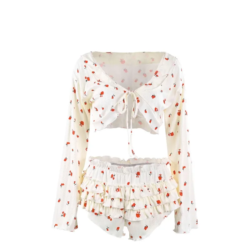 Skin-friendly  Breathable Loungewear European and American New Printed Lace-up Long-sleeved Top and Shorts Fashion Suit Pajamas