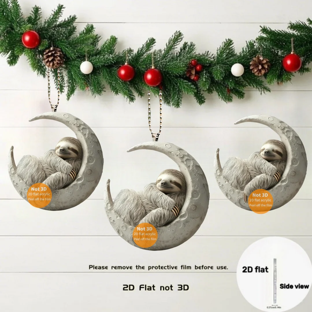 2D Sloth on The Moon Pendant Flat Acrylic Keychain Ornament Charms for Car Mirror,Backpacks,Home,Graduation Festive,Gift & Decor