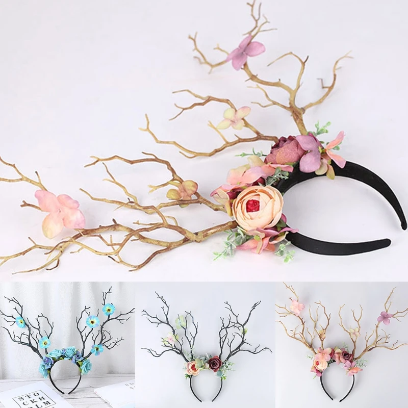 Flower Deer Antlers Headband Elk Horn Headwear Floral Headpiece Christmas Photo Props Accessories Party Decorations