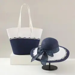 Tow-pieces Set Wide Brim Bow Straw Sun Hat Summer Straw Hat Fashionable Retro Raffia Straw Bag Large Capacity Tote Bag