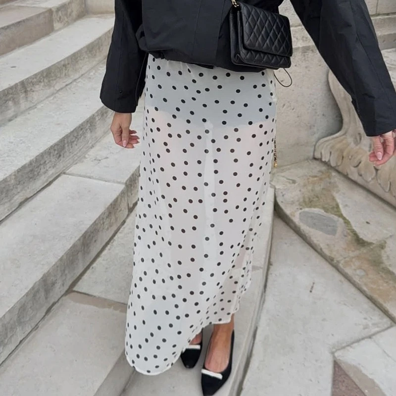 

TARUXY Summer Long Polka Dot Skirt Women's Loose Perspective Fashion Sexy Commuting Leisure Skirt Female Travel Party Skirt New