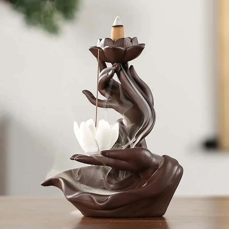 Buddha Hand Backflow Incense Burner Waterfall Incense Burner Lotus Holder Censer Fragrance Stand Ceramic Quemador Deco