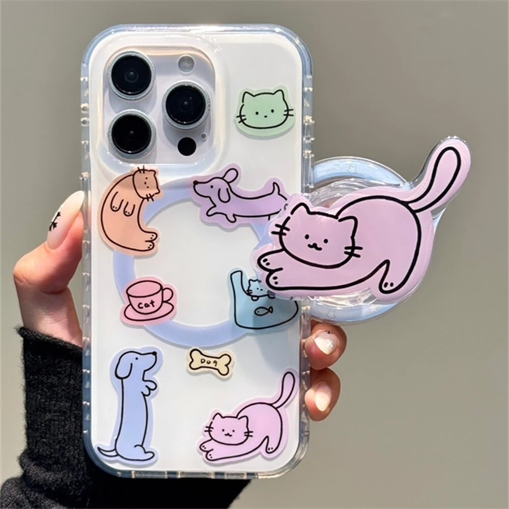 

Korean Cute Cat Cartoon Kitty Magnetic Phone Case for IPhone 16 15 14 Pro Max 13 Cover with Magsafe Stand Holder Silicone Cases