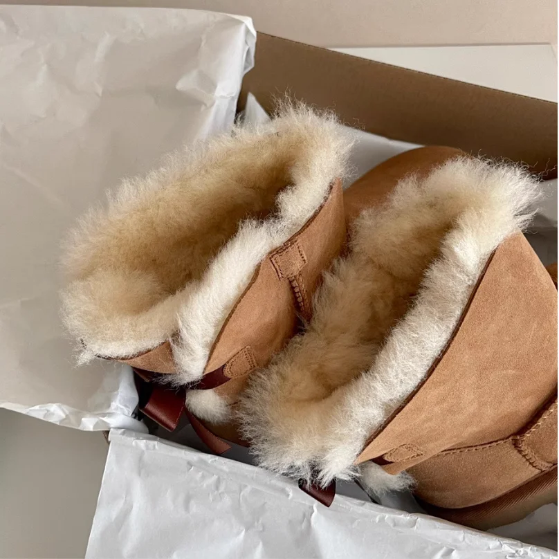 HQF UG Top Quality 100% Sheep Fur Snow Boots BOW Back Wool Lined Flat Ankle Winter Women Warm Outdoor Shoes Waterproof Size44 45