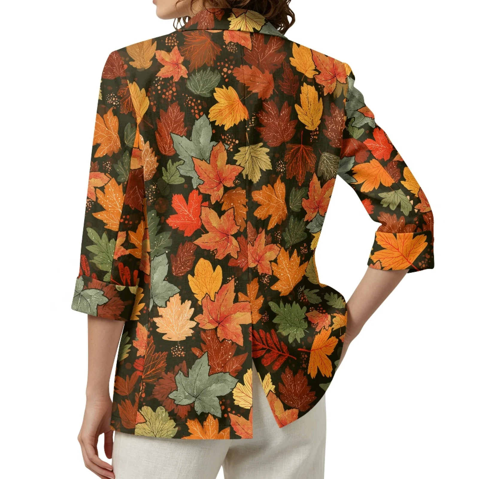 PENSTROLL Casual Linen Style Open Front Cardigan Breathable Open Front Tops for Business Maple Leaf Theme