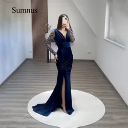 Sumnus Navy Blue Mermaid Evening Dresses Beads Fulle Sleeve Pleats Velvet Side Slit Long Evening Party Gowns With Train